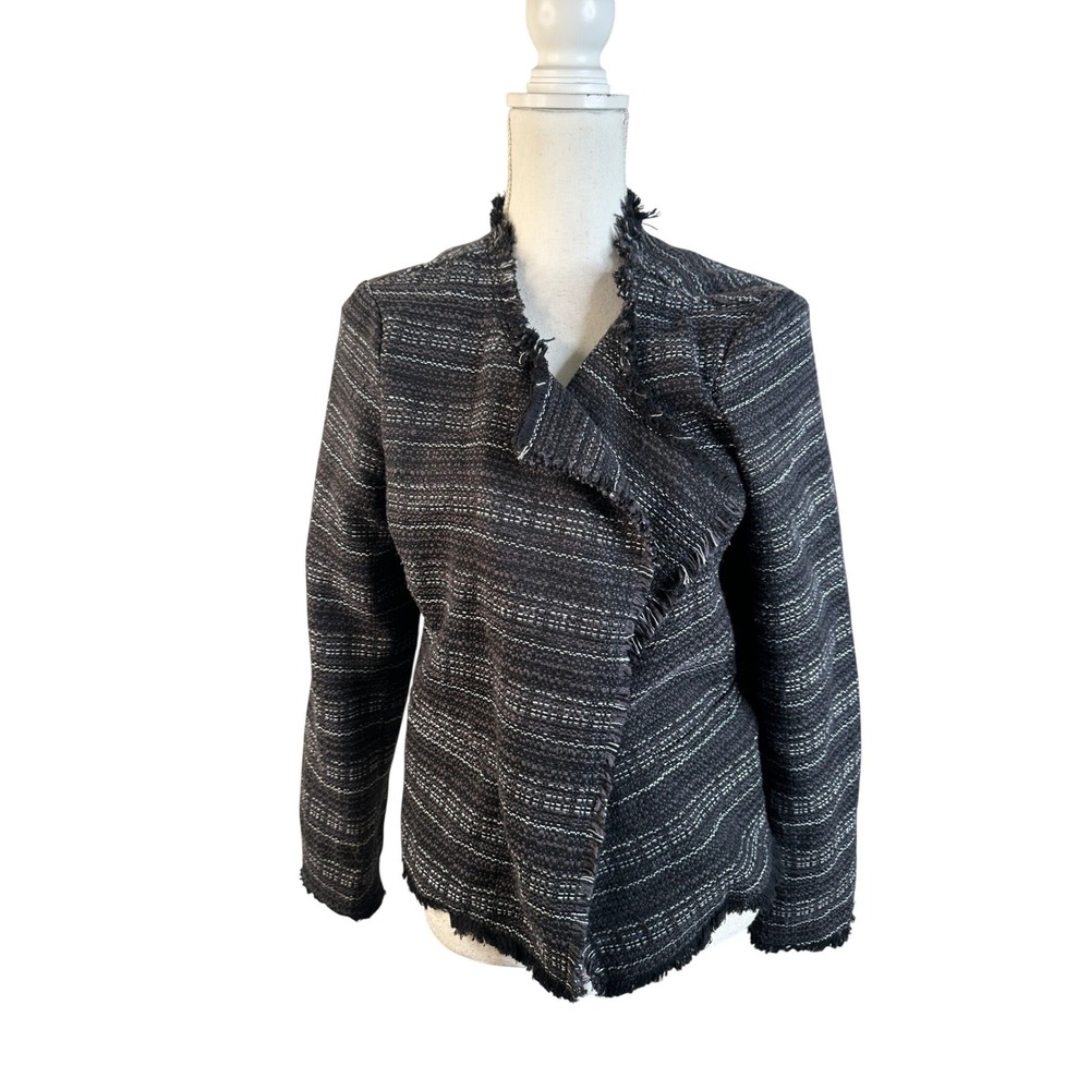Adrienne Vittadini Gray Frayed Fringe Tweed Open Front Classic Jacket Size Large